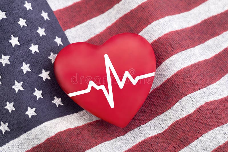Flag of the United States and red heart with pulse. Flag of the United States and red heart with pulse