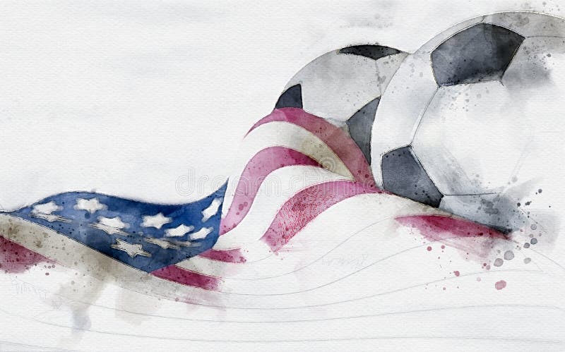 American Flag and Soccer Ball Watercolor Stock Illustration