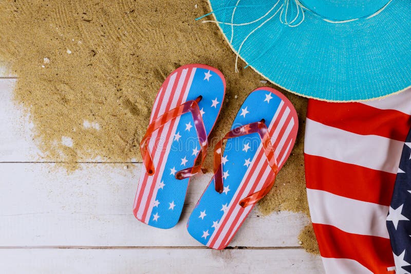 American Flag Summer Holiday With Accessories On Flip Flops Wood ...