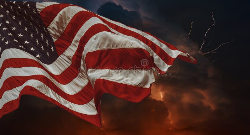 American flag waving in the wind Thunderstorm with lightning Multiple forks of lightning pierce the night sky royalty free stock photography American flag waving in the wind Thunderstorm with lightning Multiple forks of lightning pierce the night sky royalty free stock photography