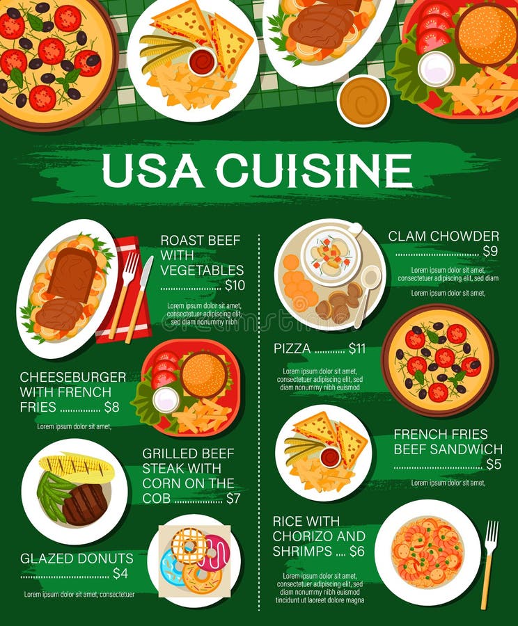 American food menu, restaurant cuisine cafe lunch