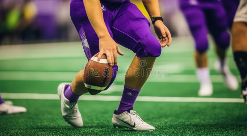 american football player kicking ball, american football ball in action, close-up of american football player, american football scene in the stadium, rugby ball