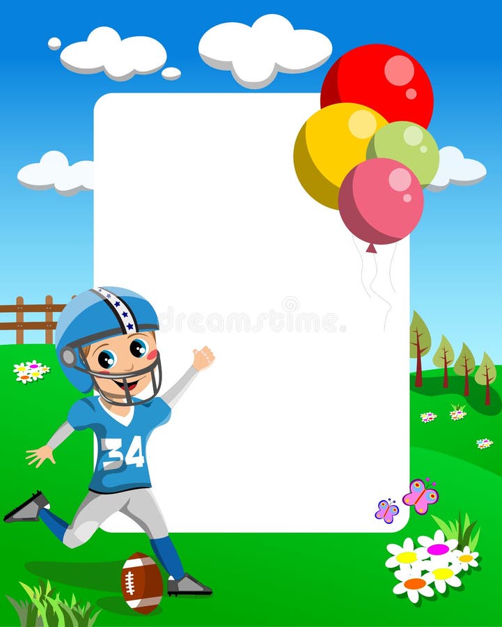 Funny photo frame with a boy kicking an american football ball on a green field. Funny photo frame with a boy kicking an american football ball on a green field