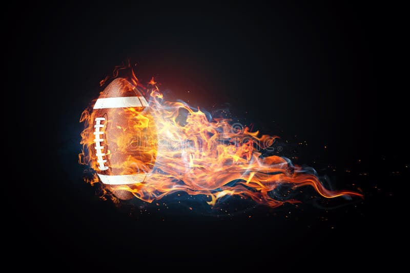 American football game. Soccer ball enveloped by fire. The concept of sport, wrestling, speed, opposition. Mixed media, copy space