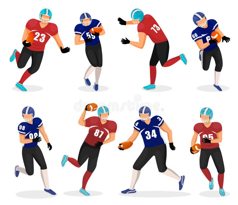 Collection of American football players. Isolated gridiron team members playing popular field game. atheletes in uniforms running with ball. Agressive kind of sports, tennagers hobby, vector in flat. Collection of American football players. Isolated gridiron team members playing popular field game. atheletes in uniforms running with ball. Agressive kind of sports, tennagers hobby, vector in flat