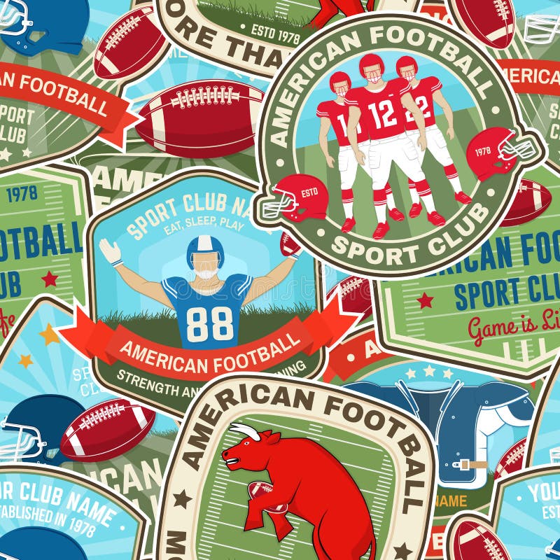 American football or rugby club seamless pattern. Vector illustration. Wallpaper, background with with bull, american football sportsman player, helmet, ball and shoulder pads