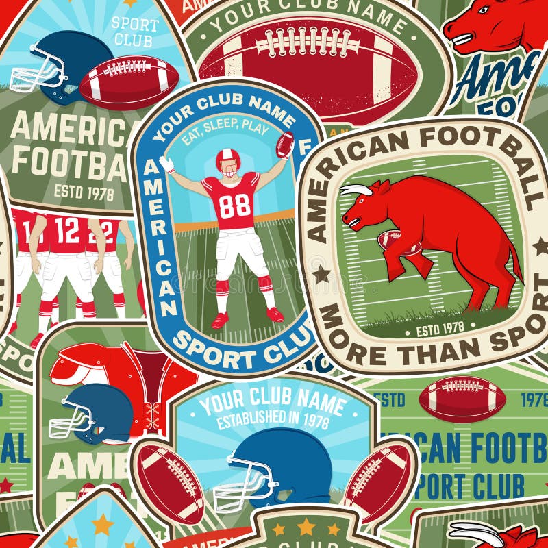 American football or rugby club seamless pattern. Vector illustration. Wallpaper, background with with bull, american football sportsman player, helmet, ball and shoulder pads