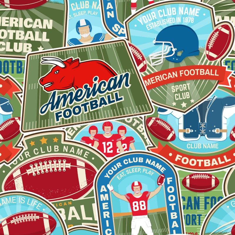 American football or rugby club seamless pattern. Vector illustration. Wallpaper, background with with bull, american football sportsman player, helmet, ball and shoulder pads