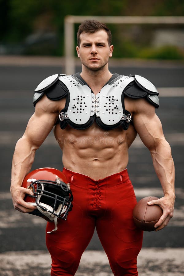 American Football Sportsman Player, Muscular Man. Strong Naked Male Abs
