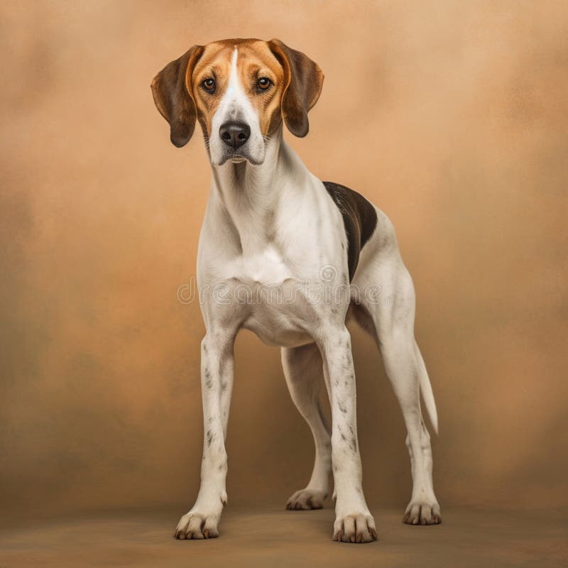 Thoroughbred American Foxhound in full length, photography, studio photo. AI generated