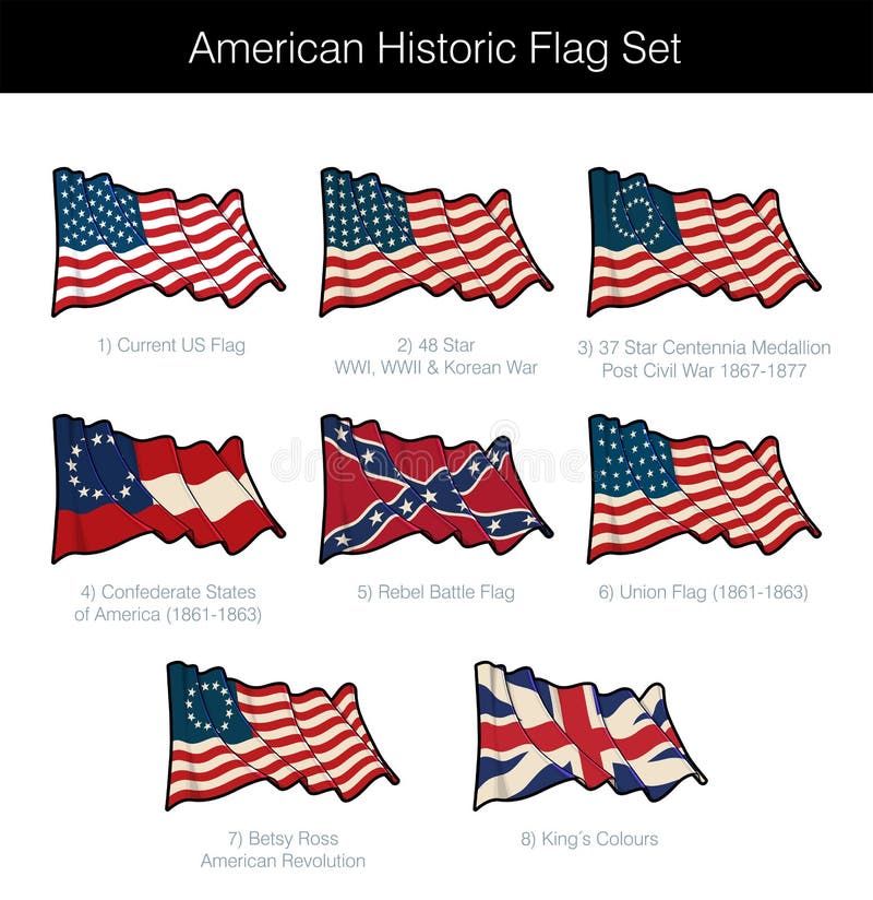 American Historic Waving Flag Set stock illustration