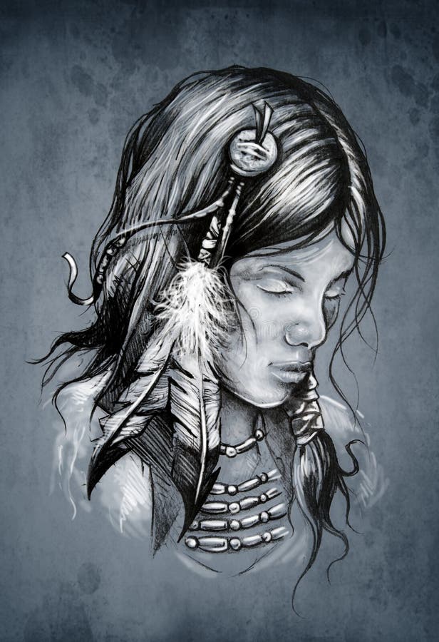 American Indian Woman, Tattoo Sketch Stock Illustration - Illustration of  flower, heart: 38807646