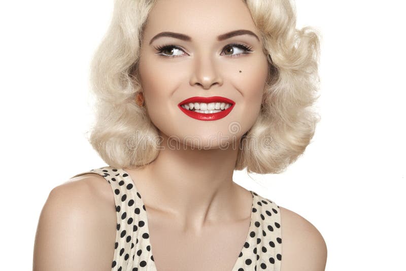 American Retro Style. Beautiful Laughing Woman Model with Old Fashioned Make-up, Blond Hair, Happy Smile Stock Photo - Image of lovely, lipstick: 34342368 American Retro Style. Beautiful Laughing Woman Model with Old Fashioned Make-up, Blond Hair, Happy Smile Stock Photo - Image of lovely, lipstick: 34342368
