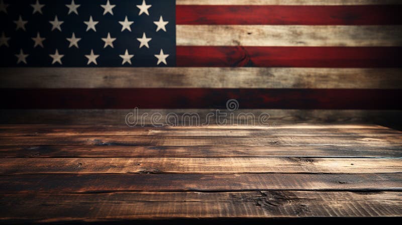 An American-style Empty-top Wooden Table with a Classic American Flag ...