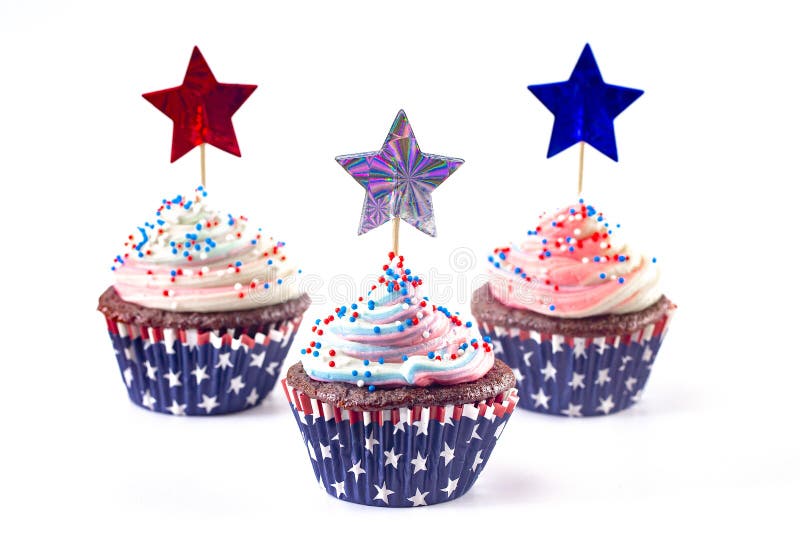 American Themed Cupcakes with Sprinkles and Decorations on a White