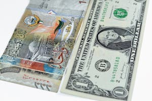 American USA Dollar Cash Money Banknote Of One Dollar Bill And Kuwait 
