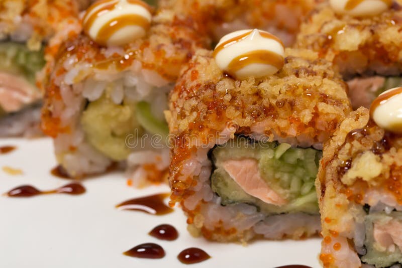 American Warm Crunch Roll Sushi. Stock Image Image of sushi, sauce