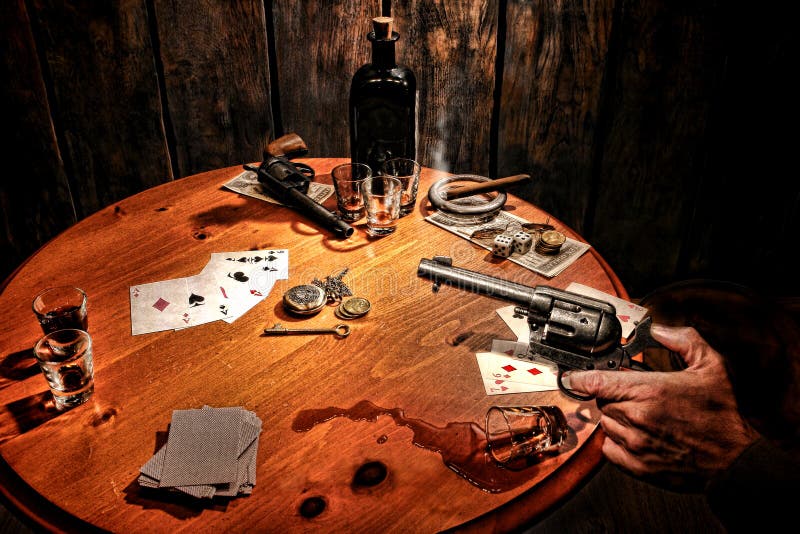 American West Saloon Gambler Holding Gun at Poker