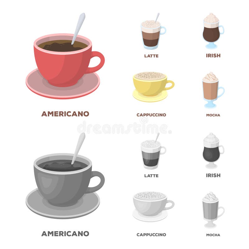 Americano, atrasado, irlandés, capuchino Diversos tipos de iconos de la colección del sistema de café en la historieta, vector mo ilustración del vector