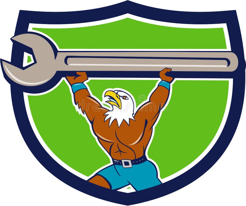Americano Eagle Mechanic Spanner Crest Cartoon Calvo Ilustración del