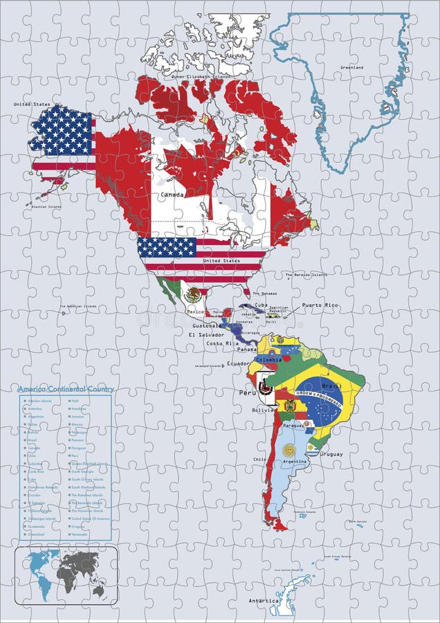 Amerika-kontinentales Landmarkierungsfahnen und -karte Puzzlespiel lizenzfreie abbildung Amerika-kontinentales Landmarkierungsfahnen und -karte Puzzlespiel lizenzfreie abbildung