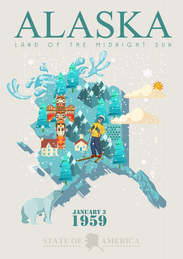 Amerikaanse de reisbanner van Alaska Affiche met kaart stock illustratie Amerikaanse de reisbanner van Alaska Affiche met kaart stock illustratie