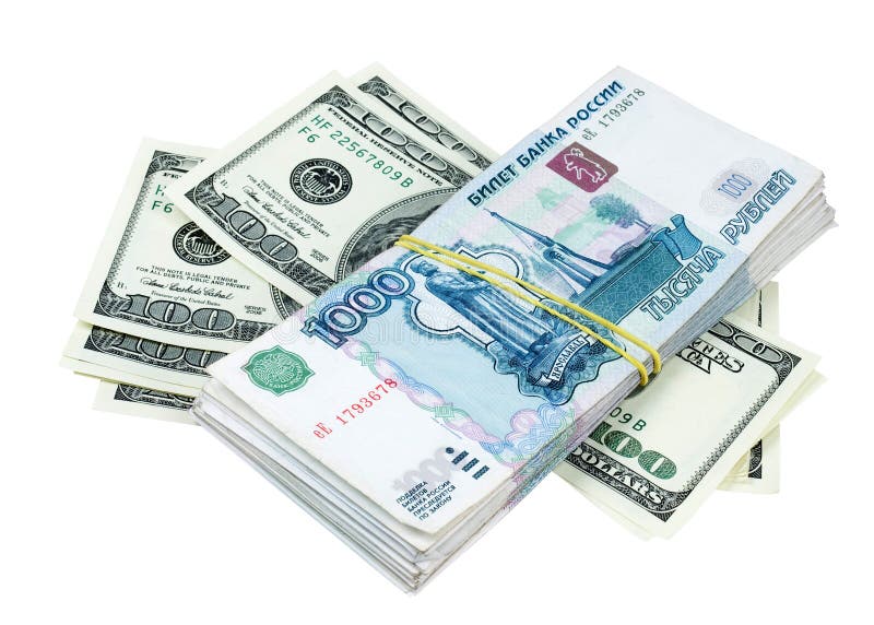 Amerikaanse dollars en Russische roebels stock fotografie Amerikaanse dollars en Russische roebels stock fotografie