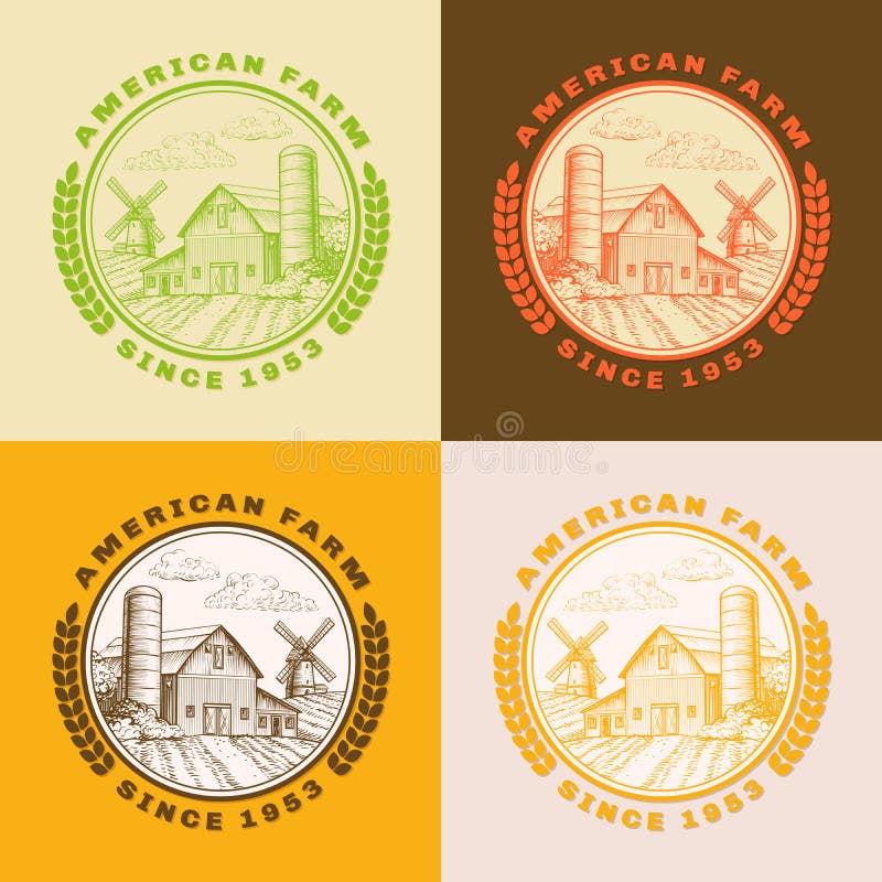 Amerikanische Bauernhofscheune für die Landwirtschaft mit Windmühle, Logosatz lizenzfreie abbildung Amerikanische Bauernhofscheune für die Landwirtschaft mit Windmühle, Logosatz lizenzfreie abbildung