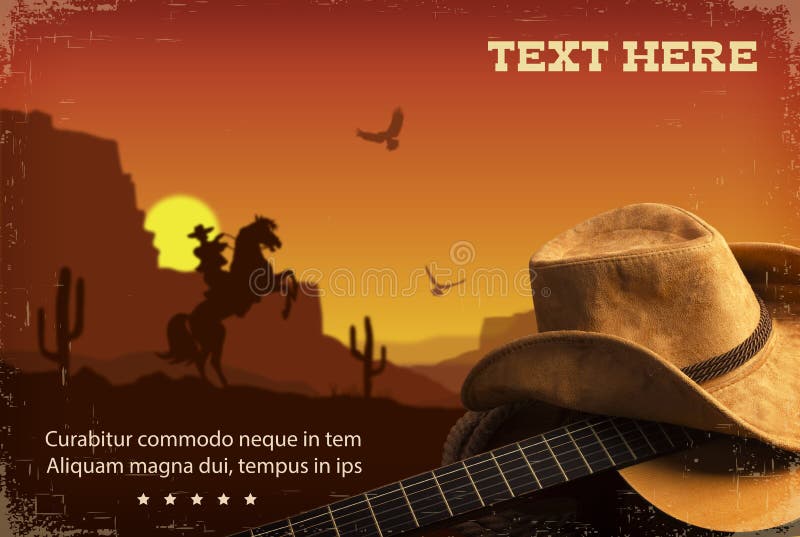Amerikanische Countrymusik Westhintergrund mit Gitarre und Cowboy stock abbildung Amerikanische Countrymusik Westhintergrund mit Gitarre und Cowboy stock abbildung