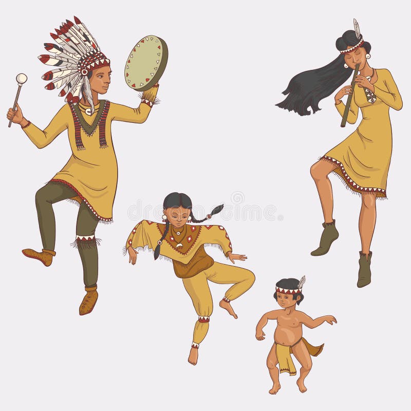Amerikanische Ureinwohner, tanzende indische Familie im traditionellen Kostüm vektor abbildung Amerikanische Ureinwohner, tanzende indische Familie im traditionellen Kostüm vektor abbildung
