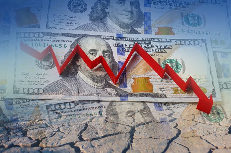 American dollar, financial crisis in the red arrow. Concept illustration. American dollar, financial crisis in the red arrow. Concept illustration