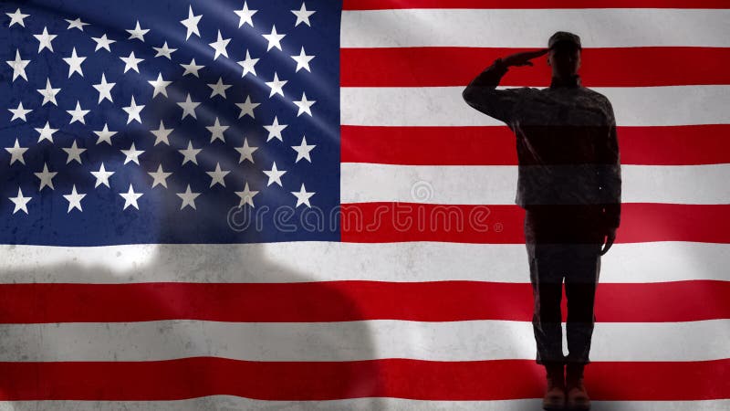 Amerikanischer Soldat Silhouette Salat gegen nationale Fahne, Streitkräfte stockbild Amerikanischer Soldat Silhouette Salat gegen nationale Fahne, Streitkräfte stockbild