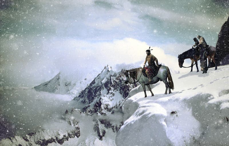Amerikanischer Ureinwohner in schneebedeckte Landschaft stock abbildung Amerikanischer Ureinwohner in schneebedeckte Landschaft stock abbildung