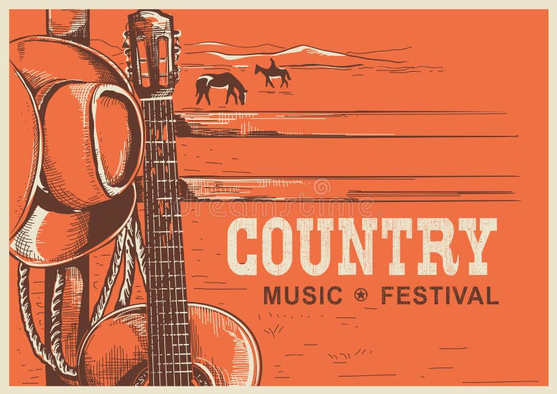 Amerikanisches Countrymusikplakat mit Cowboyhut und Gitarre vektor abbildung Amerikanisches Countrymusikplakat mit Cowboyhut und Gitarre vektor abbildung