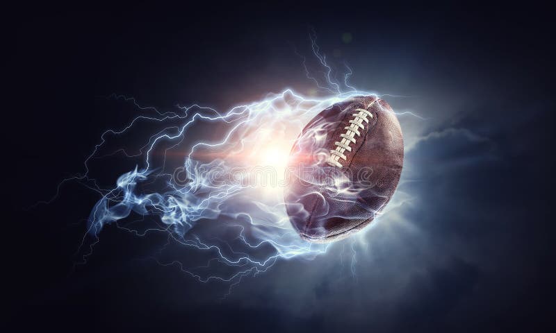 Rugby ball in lightning on a dark background. Mixed media. Rugby ball in lightning on a dark background. Mixed media