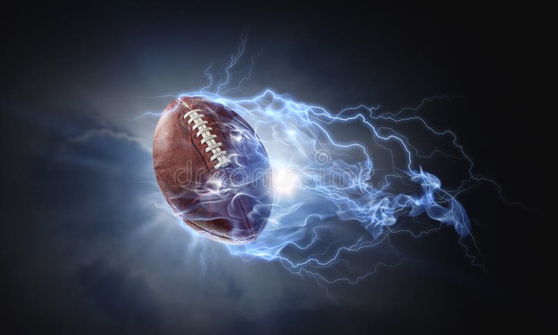 Rugby ball in lightning on a dark background. Mixed media. Rugby ball in lightning on a dark background. Mixed media