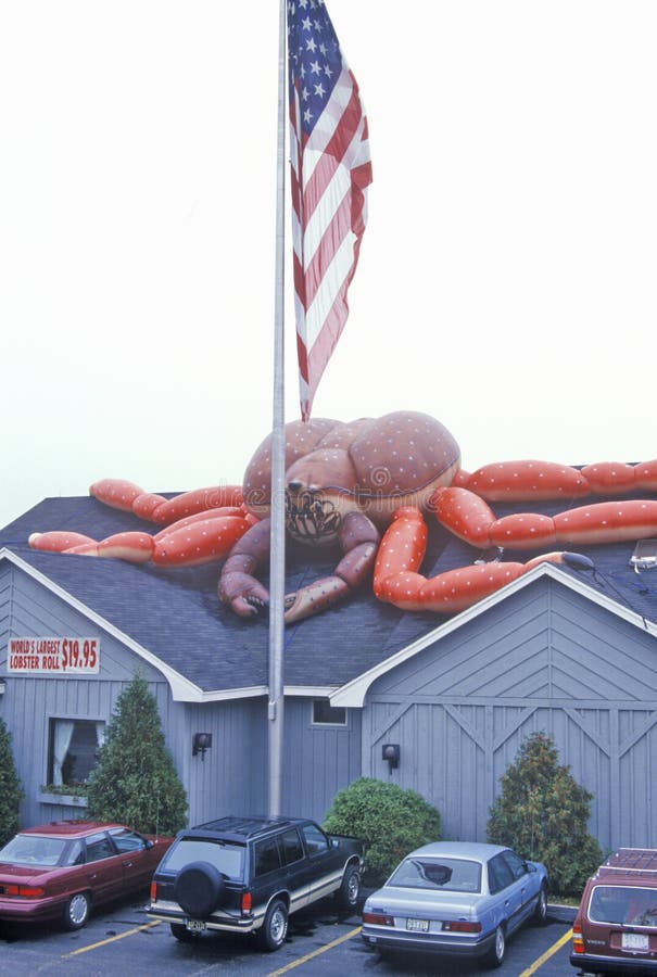 Amerikanska flaggan framme av hummerrestaurangen, hummer, MIG royaltyfri foto Amerikanska flaggan framme av hummerrestaurangen, hummer, MIG royaltyfri foto
