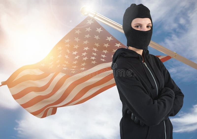 Amerikanska flaggan med kvinnan i balaclava vektor illustrationer Amerikanska flaggan med kvinnan i balaclava vektor illustrationer
