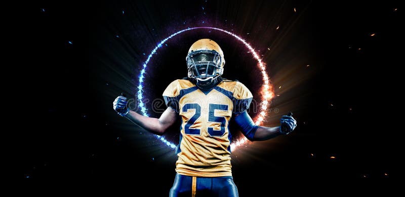 American Football player on black background. Sports betting concept. Design for a bookmaker. Download horisontal banner for sports website or mobile application. American Football player on black background. Sports betting concept. Design for a bookmaker. Download horisontal banner for sports website or mobile application.