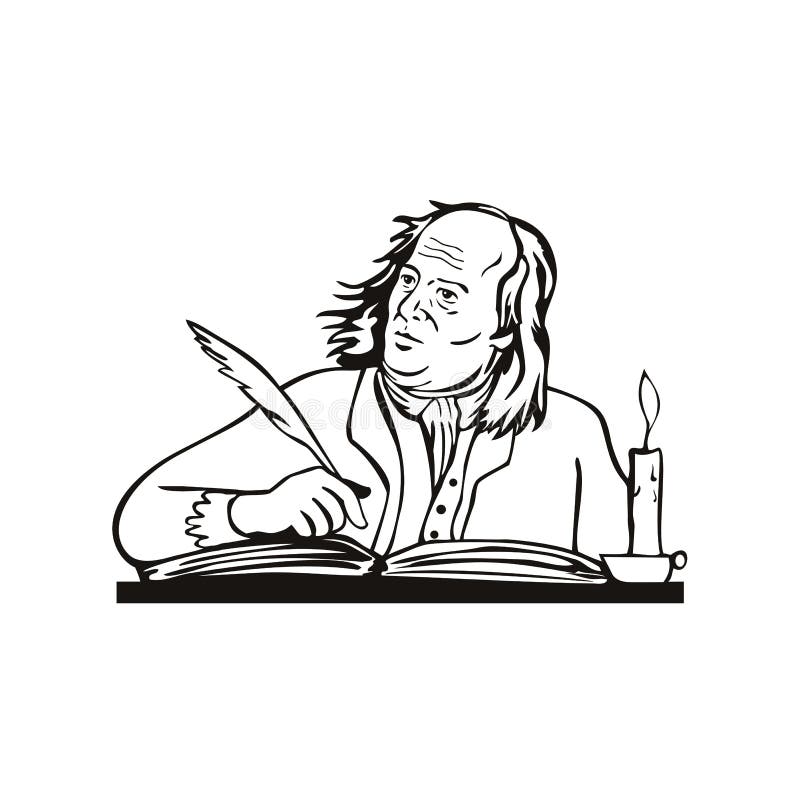 Retro style illustration of Benjamin Franklin, an American polymath and one of the Founding Fathers of the United States, as a writer writing with quill on isolated background done in black and white. Retro style illustration of Benjamin Franklin, an American polymath and one of the Founding Fathers of the United States, as a writer writing with quill on isolated background done in black and white