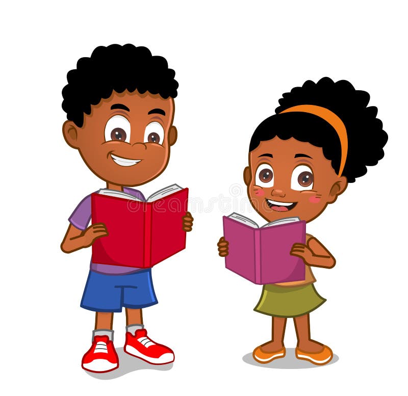 Young boy and girl standing reading an open book smiling. Young boy and girl standing reading an open book smiling