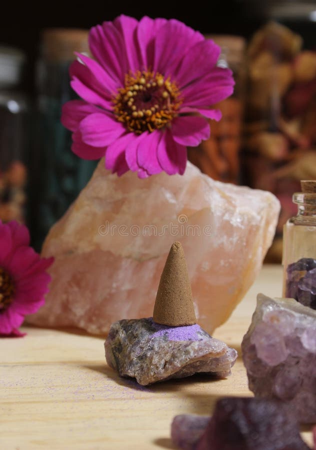 Amethyst Crystals with Flowers and Incense Cones on Meditation Table Stock Photo Image of