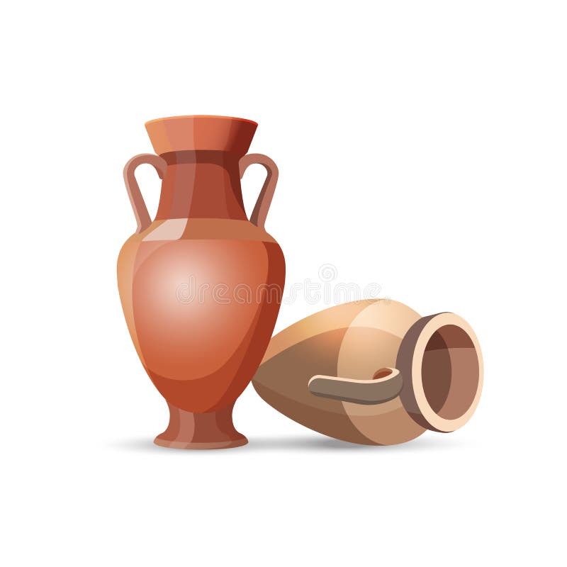 Amphora vase set isolated on white. Dark clay vases, one lies the floor. Two clay jars Egyptian style. Old traditional vintage pot. Ancient decorative element. Ceramics accessory. Greek style. Vector. Amphora vase set isolated on white. Dark clay vases, one lies the floor. Two clay jars Egyptian style. Old traditional vintage pot. Ancient decorative element. Ceramics accessory. Greek style. Vector