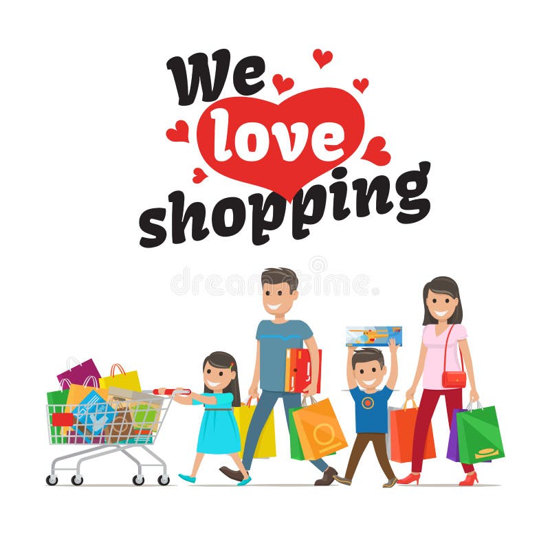 Amiamo il concetto di compera e la famiglia con gli acquisti illustrazione di stock Amiamo il concetto di compera e la famiglia con gli acquisti illustrazione di stock