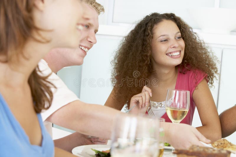 Amici che si rilassano a casa a pranzo fotografie stock