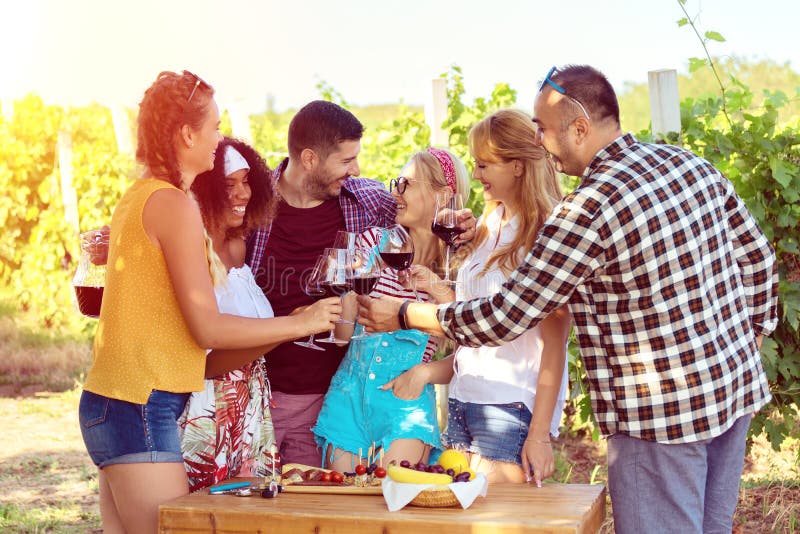 Amici multirazziali felici divertendosi alla vigna al tramonto che beve vino rosso e che mangia l'alimento dell'azienda agricola fotografia stock Amici multirazziali felici divertendosi alla vigna al tramonto che beve vino rosso e che mangia l'alimento dell'azienda agricola fotografia stock