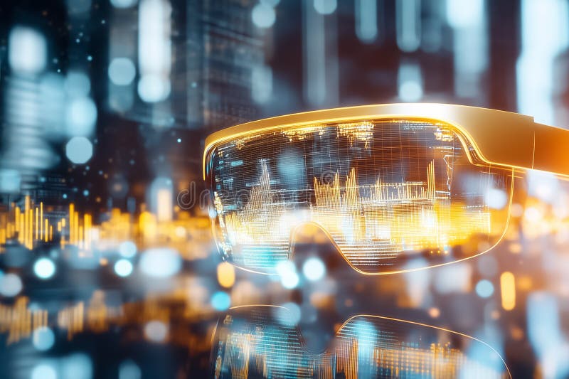 Amidst a dynamic cityscape, an advanced augmented reality headset showcases an interactive 3D financial chart. This stock photo