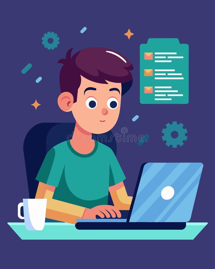 Amidst the intense atmosphere of the virtual hackathon a teen coder calmly debugging their project determined to solve stock illustration