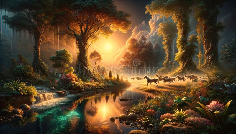 Paradisul arborelui încastrat : contempla natura. în mijlocul unei revolte a copacilor coloranți stau ca gardieni ai imaginației care aruncă umbre capricioase pe pânza vibrantă de mai jos. un râu înrăit reflectă frumusețea suprarealistă în timp ce norii pictează cerul în contururi eterice.