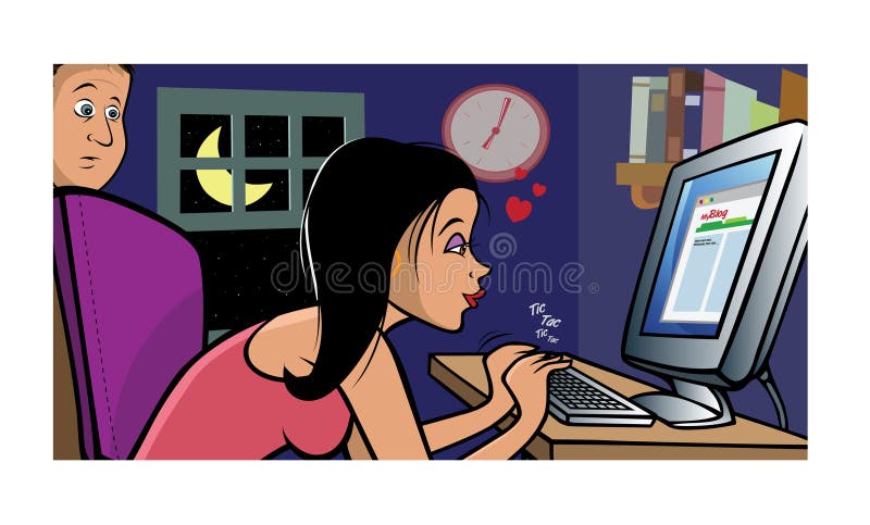Cartoon vector illustration of a girlfriend cheating online. Cartoon vector illustration of a girlfriend cheating online